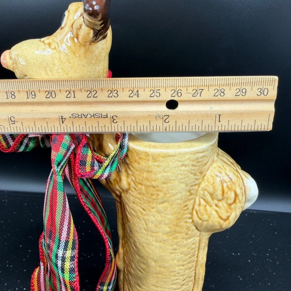 Ceramic Reindeer Bud Vase Christmas Holiday Decor Plaid‎ Bow 11.5 Inch Tan Brown